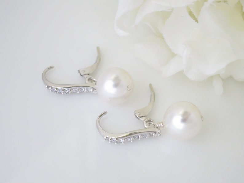 Pearl drop wedding earrings Simple pearl bridal earrings Lever back earrings Mother of Bride Rhinestone and pearl Wedding jewelry for brides image 4