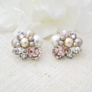 Blush bridal earrings Pink pearl wedding earrings Pearl cluster earrings Crystal bridal jewelry Unique pink stud earrings for brides image 1