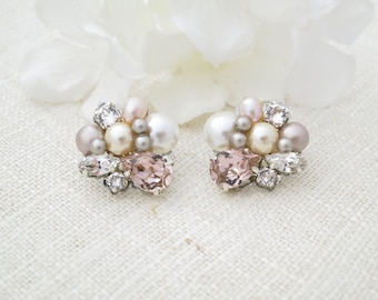 Blush bridal earrings Pink pearl wedding earrings Pearl cluster earrings Crystal bridal jewelry Unique pink stud earrings for brides