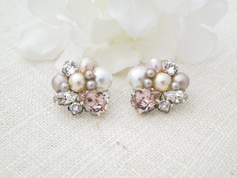 Blush bridal earrings Pink pearl wedding earrings Pearl cluster earrings Crystal bridal jewelry Unique pink stud earrings for brides image 1