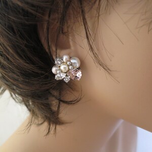 Blush bridal earrings Pink pearl wedding earrings Pearl cluster earrings Crystal bridal jewelry Unique pink stud earrings for brides image 6