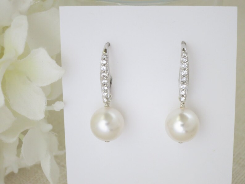 Pearl drop wedding earrings Simple pearl bridal earrings Lever back earrings Mother of Bride Rhinestone and pearl Wedding jewelry for brides image 3