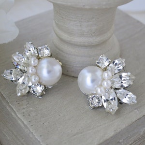 Vintage style Pearl cluster earrings Crystal bridal earrings Simple marquise star earrings Rhinestone earrings Wedding jewelry for Brides image 6