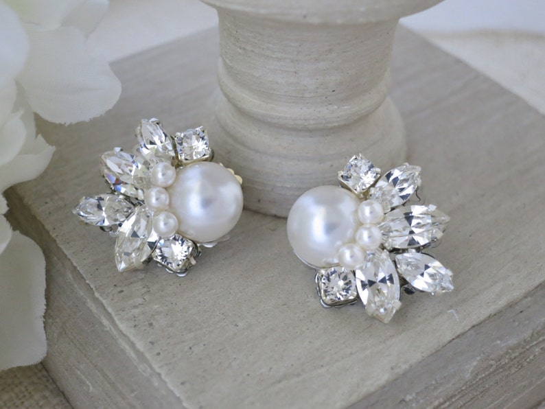 Vintage style Pearl cluster earrings Crystal bridal earrings Simple marquise star earrings Rhinestone earrings Wedding jewelry for Brides image 6