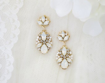 Opal bridal earrings Gold drop earrings Unique crystal earrings White opal and pearl earrings Rhinestone jewelry for brides Mother of Bride