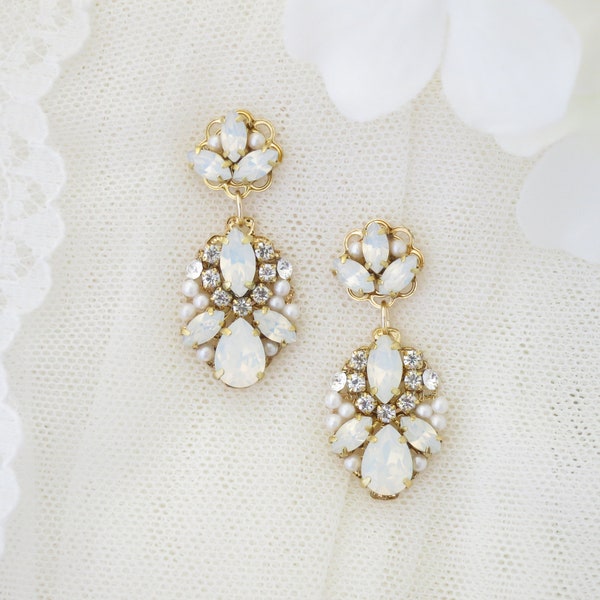 Opal bridal earrings Gold drop earrings Unique crystal earrings White opal and pearl earrings Rhinestone jewelry for brides Mother of Bride