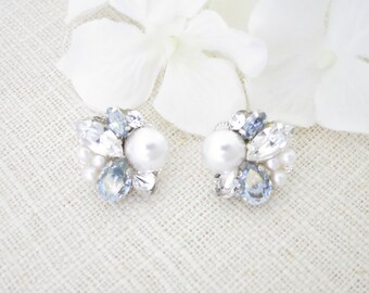 Dusty blue cluster earrings Blue crystal bridal earrings Wedding earrings for brides Rhinestone jewelry for brides Unique pearl earrings