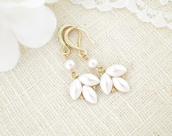 Dainty Pearl Bridal Earrings: Gold Marquise Dangle Earrings