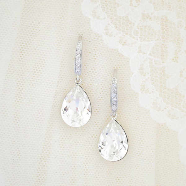 Teardrop bridal earrings Crystal wedding earrings Bridesmaid gifts Silver wedding jewelry for brides Simple rhinestone pear cut earrings