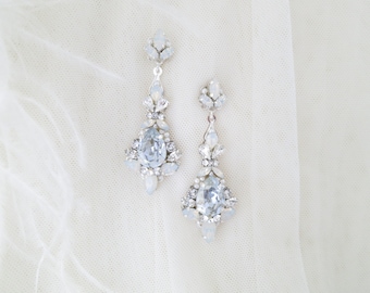 Blue Statement bridal earrings Dusty blue wedding earrings Opal bridal jewelry Crystal teardrop earrings Long chandelier earrings for brides