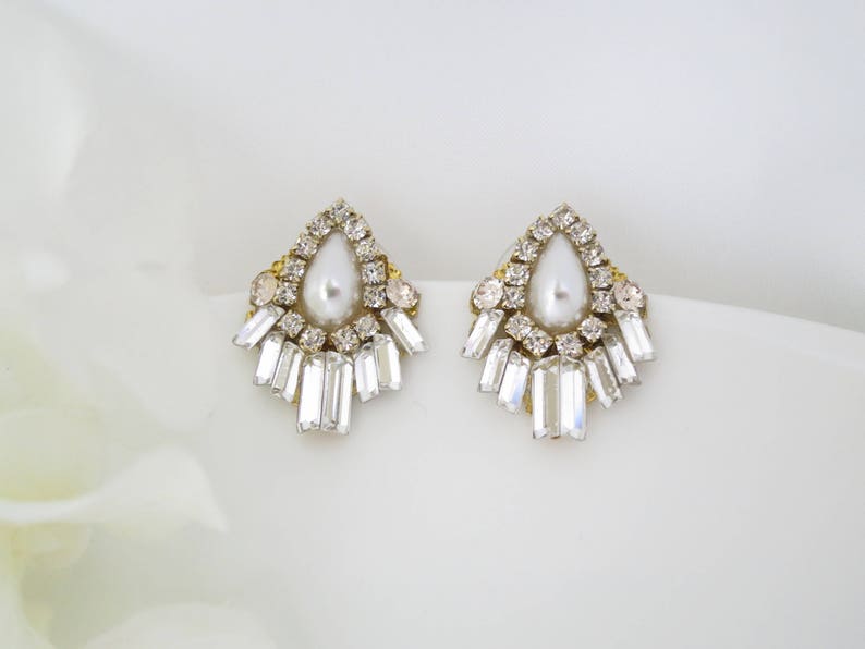 Art Deco earrings Baguette wedding earrings Crystal bridal earrings Pearl teardrop earrings Unique stud earrings Gold jewelry for brides image 7