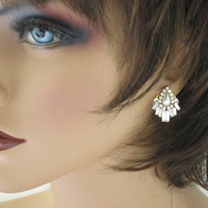 Art Deco earrings Baguette wedding earrings Crystal bridal earrings Pearl teardrop earrings Unique stud earrings Gold jewelry for brides image 6