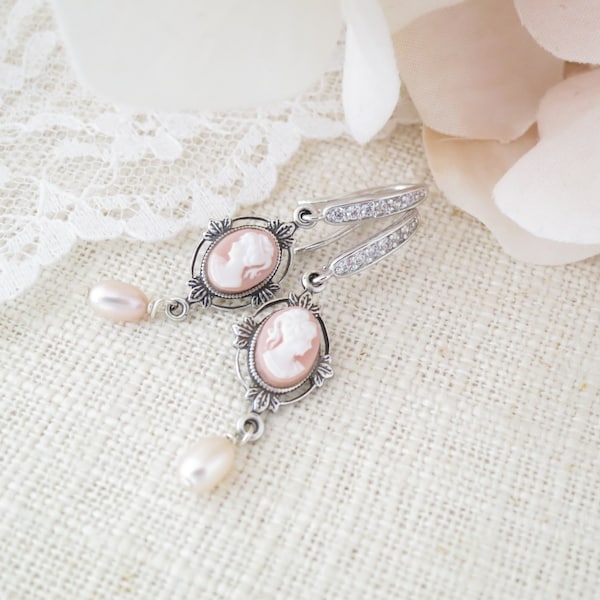 Cameo earrings Pink pearl earrings Blush bridal earrings Antique silver Wedding earrings Vintage style jewelry Pearl dangle earrings