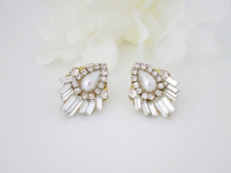 Art Deco earrings Baguette wedding earrings Crystal bridal earrings Pearl teardrop earrings Unique stud earrings Gold jewelry for brides image 5