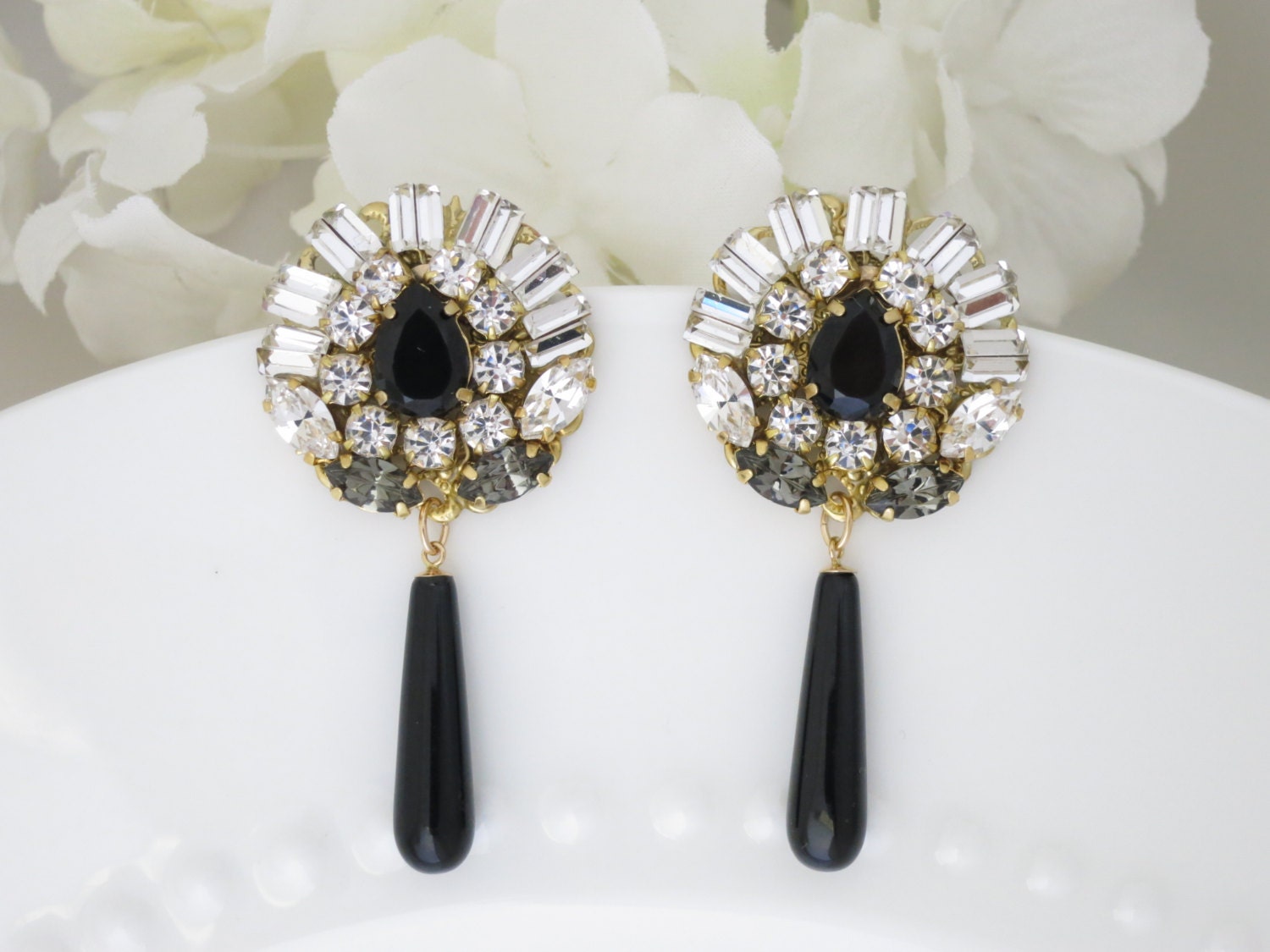 Black Onyx earrings Swarovski crystal earrings Black teardrop | Etsy