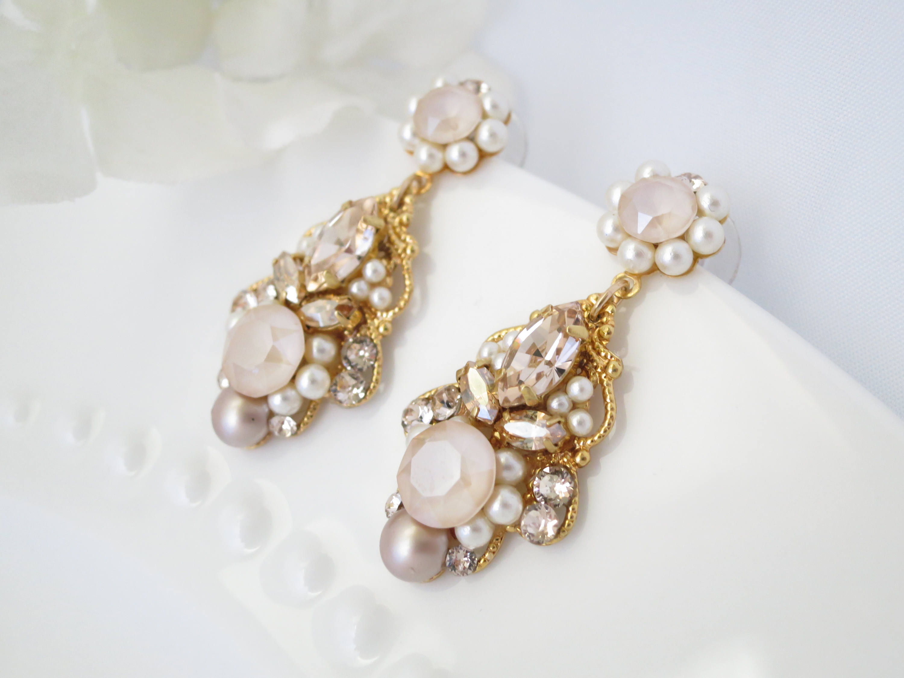 Blush Cluster Bridal Earrings Pearl Wedding Earrings for Etsy