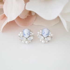 Blue Cameo Earrings: Pearl Cluster Studs, Bridal Jewelry
