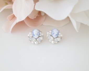 Blue cameo earrings Something blue for Bride Pearl cluster stud Dainty wedding earrings Pale blue bridal earrings White Opal wedding jewelry