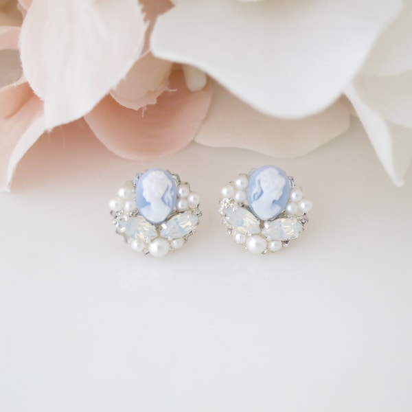 Blue cameo earrings Something blue for Bride Pearl cluster stud Dainty wedding earrings Pale blue bridal earrings White Opal wedding jewelry