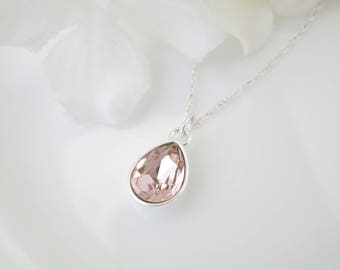 Pink crystal teardrop necklace Blush bridal jewelry Bridesmaid gifts Simple wedding necklace Pink pendant necklace Minimalist jewelry