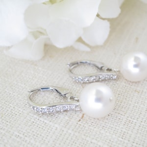 Pearl drop wedding earrings Simple pearl bridal earrings Lever back earrings Mother of Bride Rhinestone and pearl Wedding jewelry for brides image 1