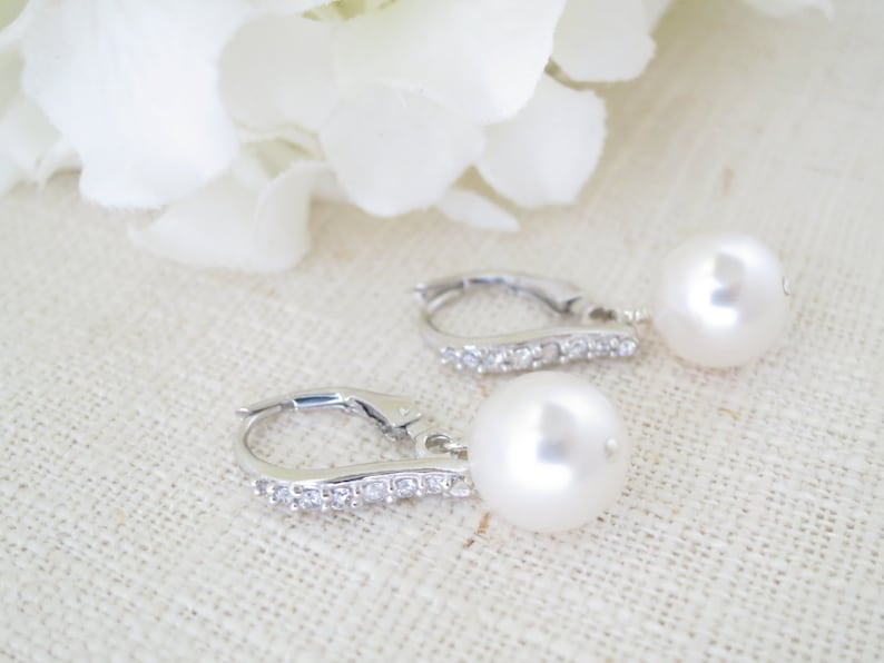 Pearl drop wedding earrings Simple pearl bridal earrings Lever back earrings Mother of Bride Rhinestone and pearl Wedding jewelry for brides image 1