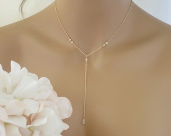 Minimalist moonstone wedding necklace Delicate crystal bridal necklace Gold Y necklace Long drop necklace for brides Simple lariat necklace
