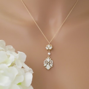 Opal Backdrop Bridal Necklace: Gold Pearl Rhinestone Wedding Jewelry