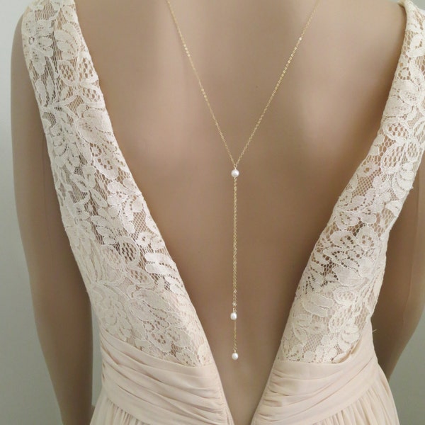 Freshwater pearl back necklace Minimalist bridal necklace Wedding backdrop necklace 2 strand back necklace Simple pearl bridal jewelry