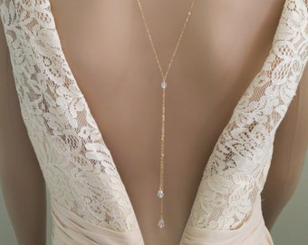 Simple crystal back necklace Minimalist bridal necklace Wedding backdrop necklace Low back bridal jewelry Crystal necklace for brides