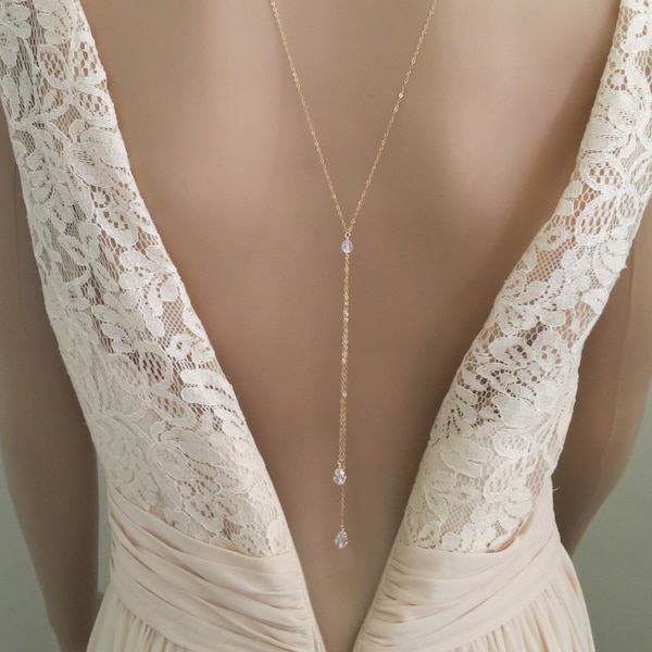 Simple crystal back necklace Minimalist bridal necklace Wedding backdrop necklace Low back bridal jewelry Crystal necklace for brides