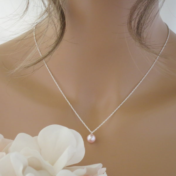 Pink pearl necklace Pearl pendant necklace Simple wedding necklace Bridesmaid gifts Minimalist jewelry Blush bridal necklace Pink necklace