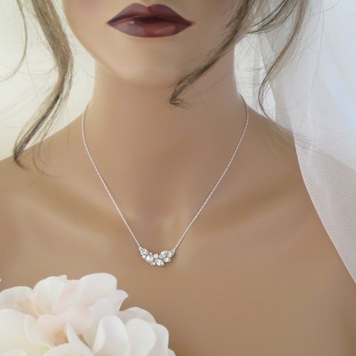 Crystal Cluster Necklace Simple Bridal Necklace Crystal and Pearl Wedding Necklace Asymmetrical Necklace Unique Leaf Rhinestone Jewelry