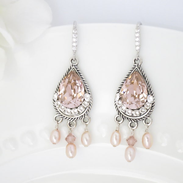 Pink crystal teardrop earrings Boho bridal earrings Pink pearl earrings Swarovski crystal earrings Blush wedding earrings Unique pink dangle