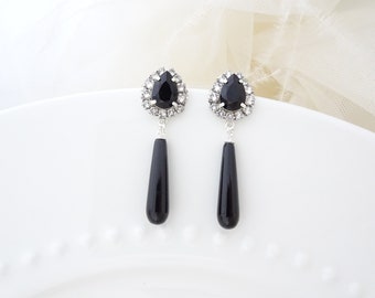 Black onyx earrings Black teardrop earrings Crystal drop earrings Black crystal wedding jewelry Formal earrings Mother of Bride jewelry gift