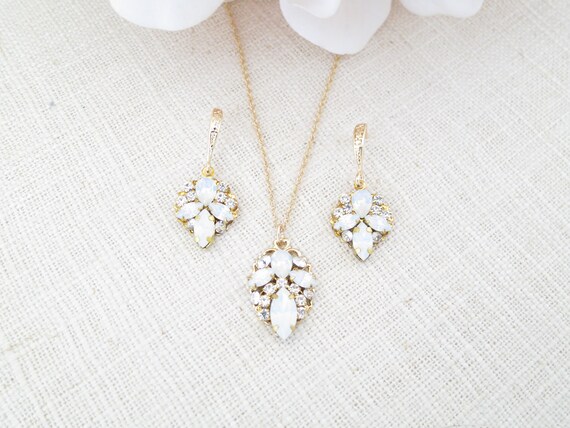 Opal Cluster Necklace Gold Bridal Earrings Crystal Wedding Jewelry