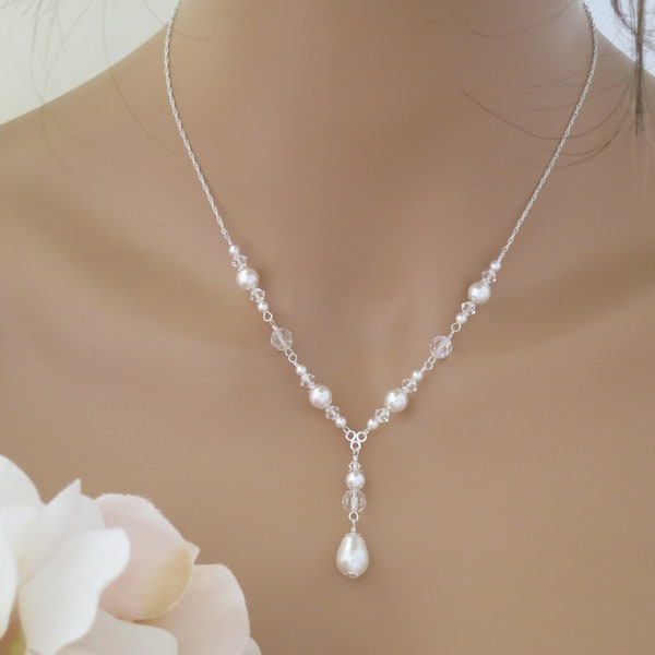 Pearl Y necklace Pearl bridal jewelry set Pearl teardrop earrings Crystal bridal necklace and earring set Pearl wedding jewelry for brides