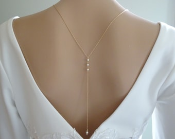 Pearl back necklace Simple backdrop necklace Bridal back necklace Gold bridal necklace Pearl drop necklace Minimalist wedding jewelry