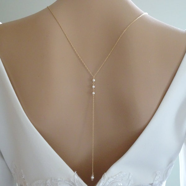Pearl back necklace Simple backdrop necklace Bridal back necklace Gold bridal necklace Pearl drop necklace Minimalist wedding jewelry
