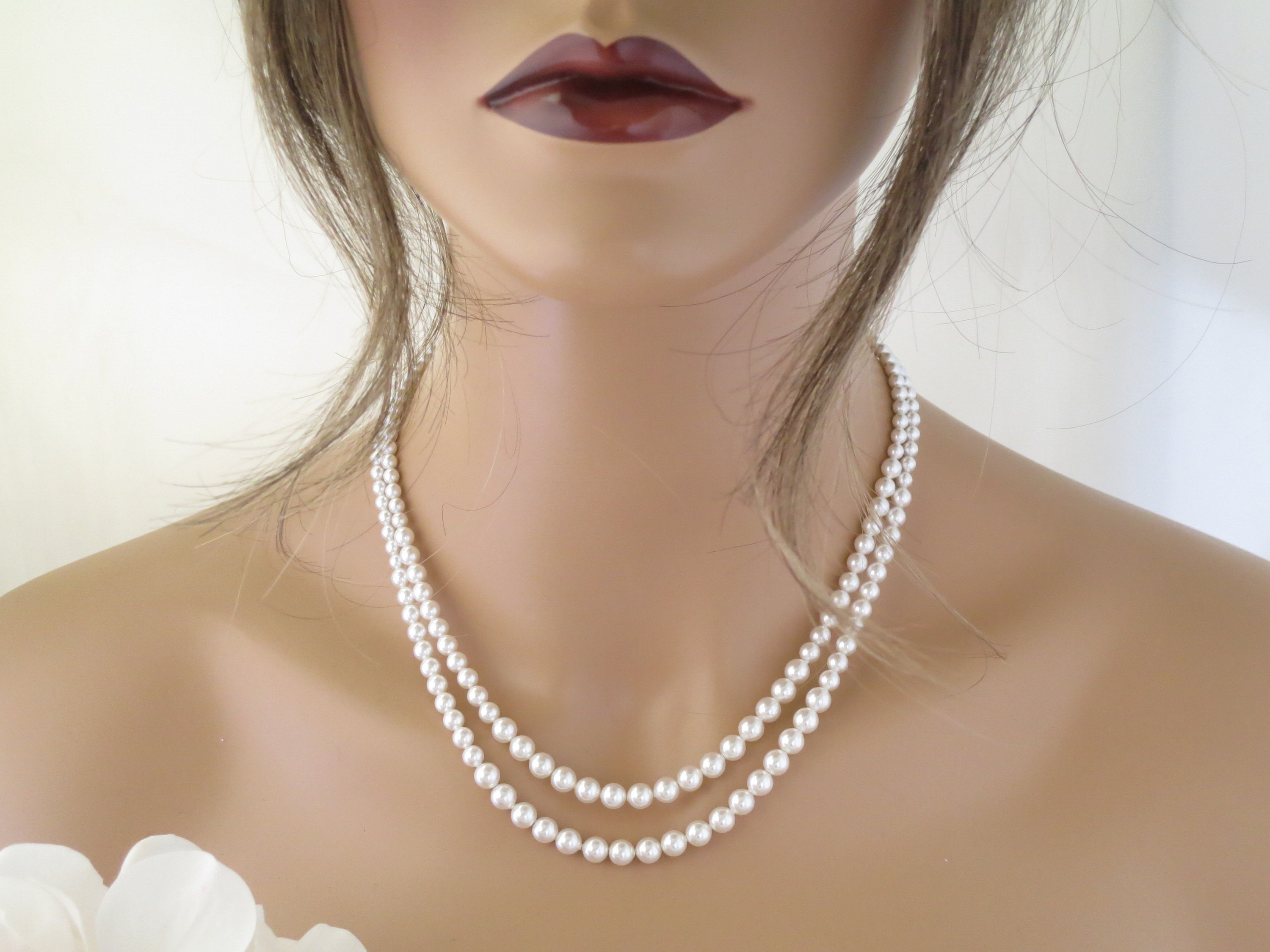 Collar de perlas de doble hebra Collar de perlas graduadas Collar nupcial  de perlas Joyería de boda de estilo vintage Collar de perlas clásico -   España
