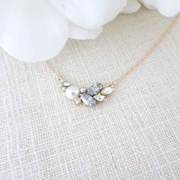 Blue Crystal Bridal Necklace: Pearl Cluster Wedding Necklace, Asymmetrical Rhinestone Leaf Jewelry