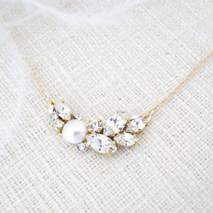 Crystal Cluster Bridal Necklace: Asymmetrical Pearl Rhinestone Jewelry