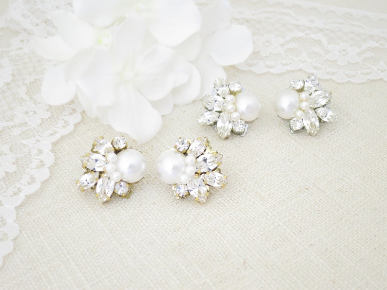 Vintage style Pearl cluster earrings Crystal bridal earrings Simple marquise star earrings Rhinestone earrings Wedding jewelry for Brides image 10