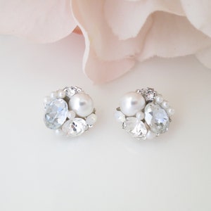 Dusty Blue Pearl Cluster Stud Earrings: Bridal Wedding Jewelry