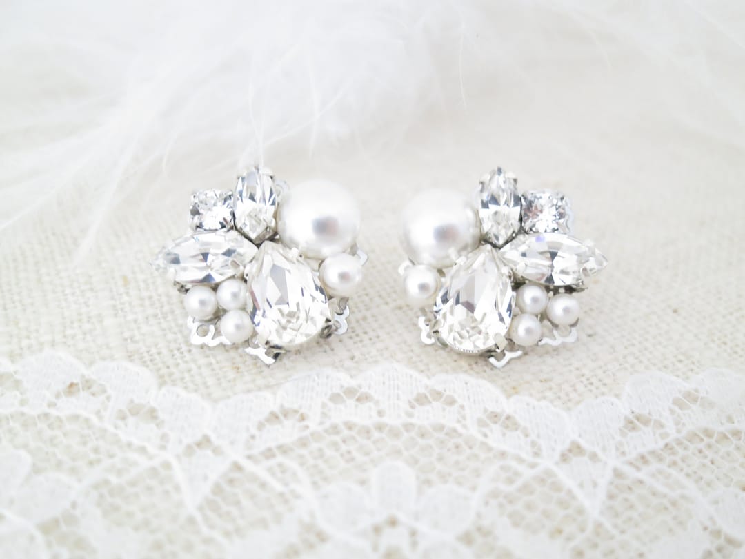 Crystal Cluster Bridal Earrings Pearl Wedding Earrings for Etsy