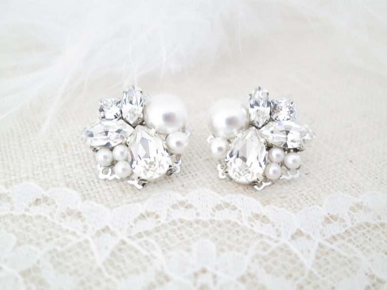 Crystal Cluster Bridal Earrings Pearl Wedding Earrings for Etsy