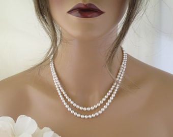 Double strand pearl necklace Graduated pearl necklace Pearl bridal necklace Vintage style wedding jewelry Classic pearl necklace