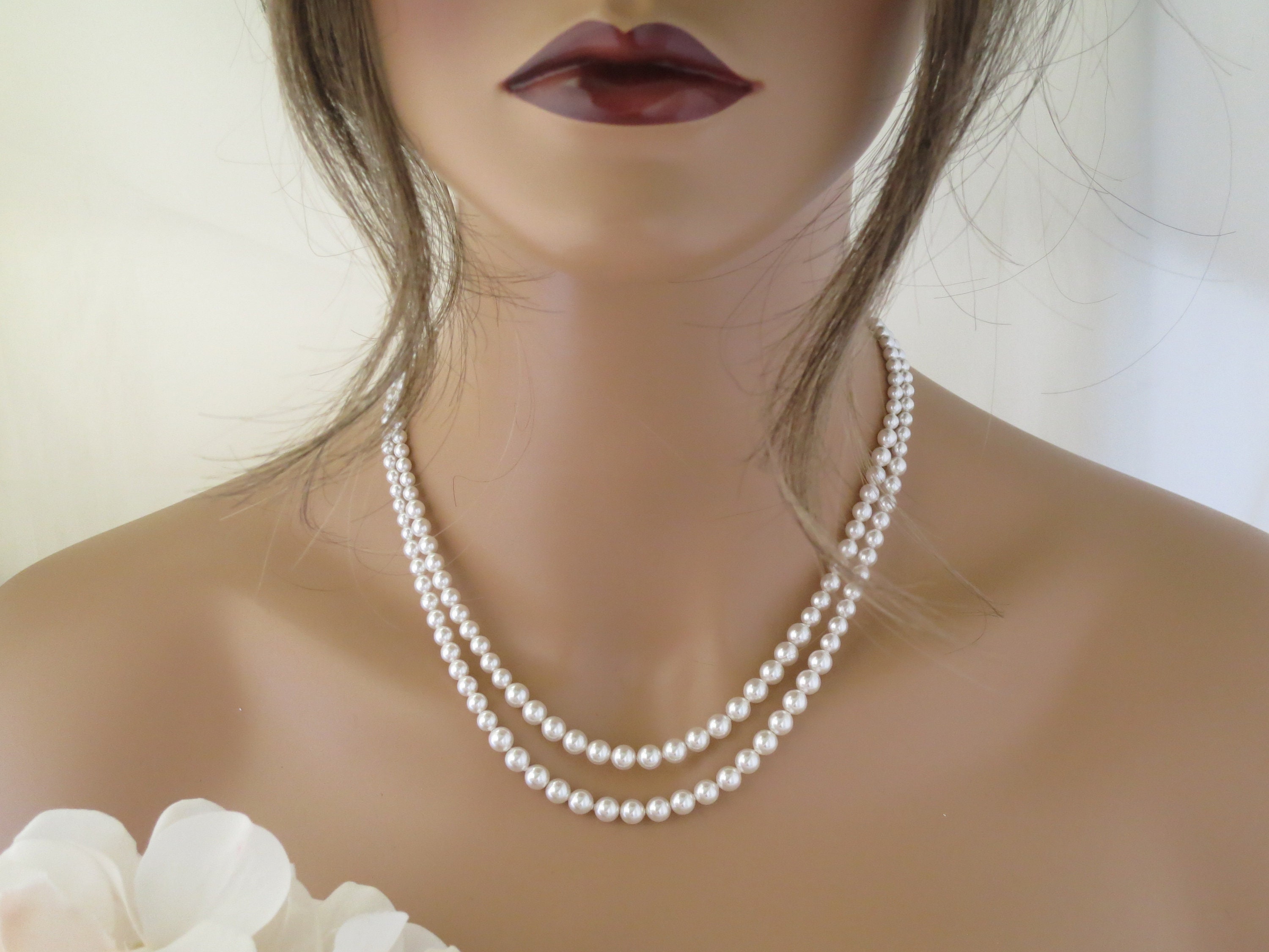 Double Strand Pearl Necklace Graduated Pearl Necklace Pearl Bridal Necklace  Vintage Style Wedding Jewelry Classic Pearl Necklace 