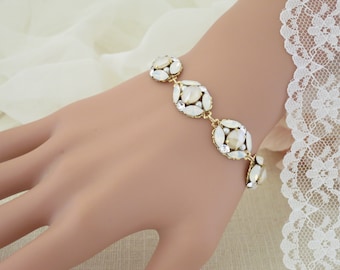 Blush Opal Bridal Bracelet: Gold Rhinestone Crystal Wedding Jewelry