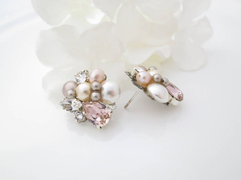 Blush bridal earrings Pink pearl wedding earrings Pearl cluster earrings Crystal bridal jewelry Unique pink stud earrings for brides image 4